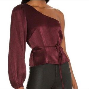 MINKPINK Nador One Shoulder Top Women's XS Wine Tie Detail Peplum Blouse NWT